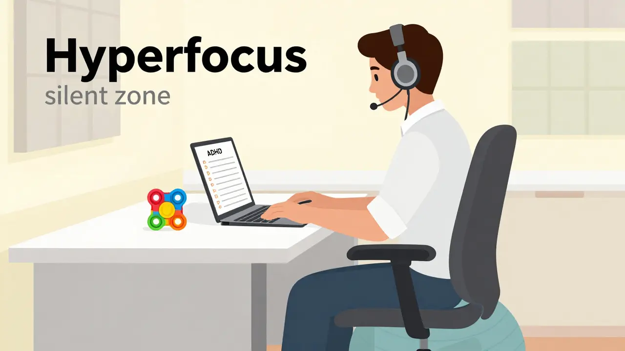 Pracovní místo s odhlučňovacími sluchatky, sedacím míčem a fidgety.