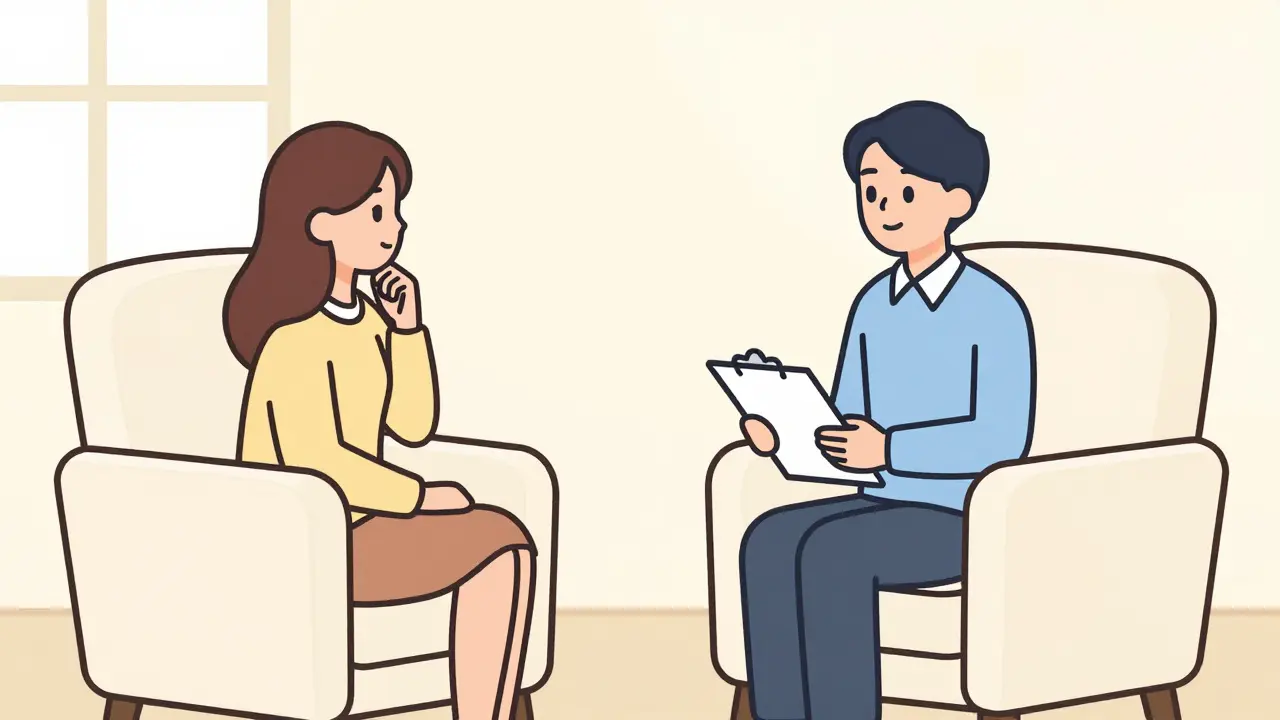 První setkání klienta a terapeuta v útulné a bezpečné kanceláři.