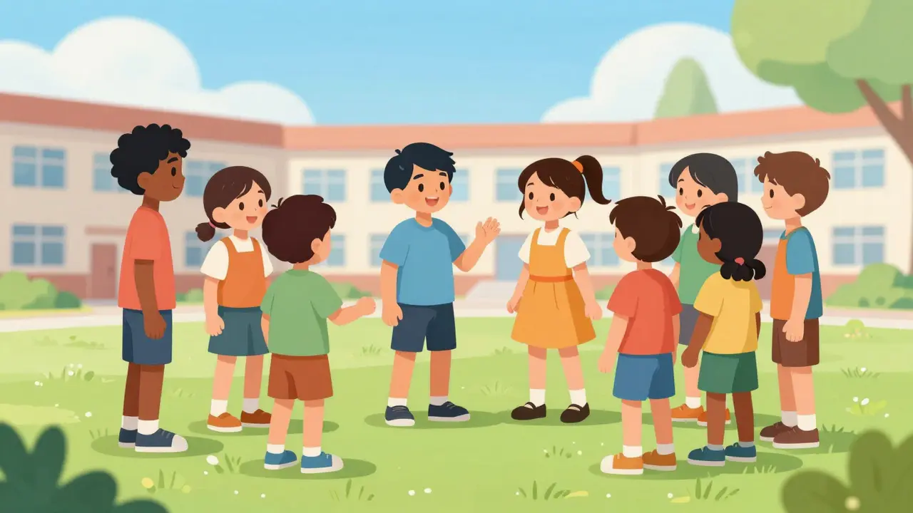 Skupina dětí komunikujících v harmonii na školním dvoře v čistém ilustračním stylu.
