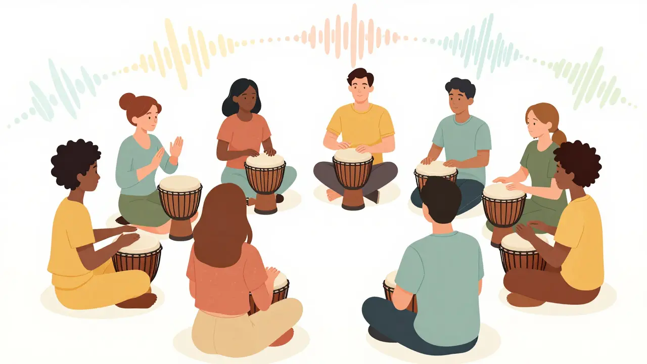 Skupina lidí hrajících na perkuse v rámci muzikoterapie pro sociální synchronizaci.