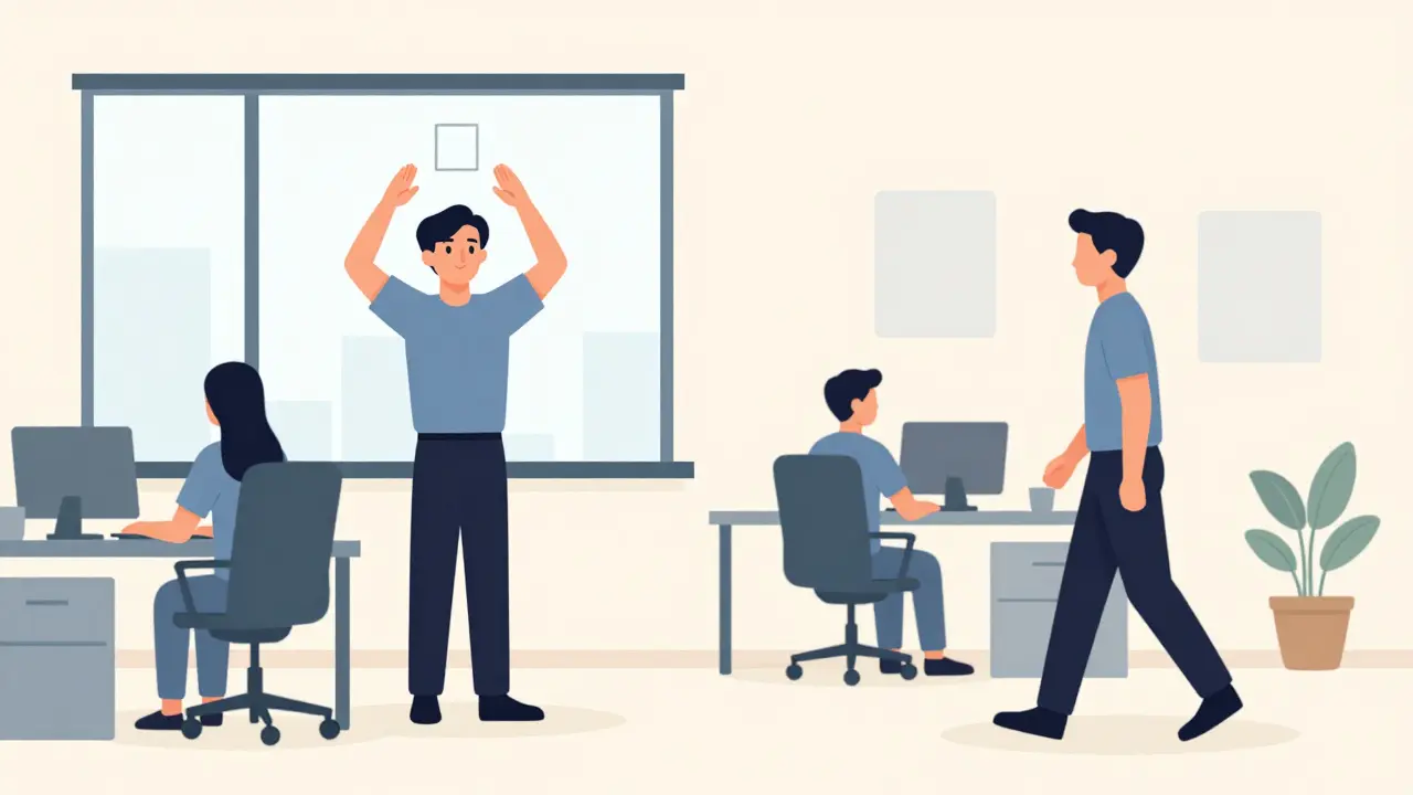 Zaměstnanci v kanceláři praktikující krátké relaxační pauzy a dýchání.