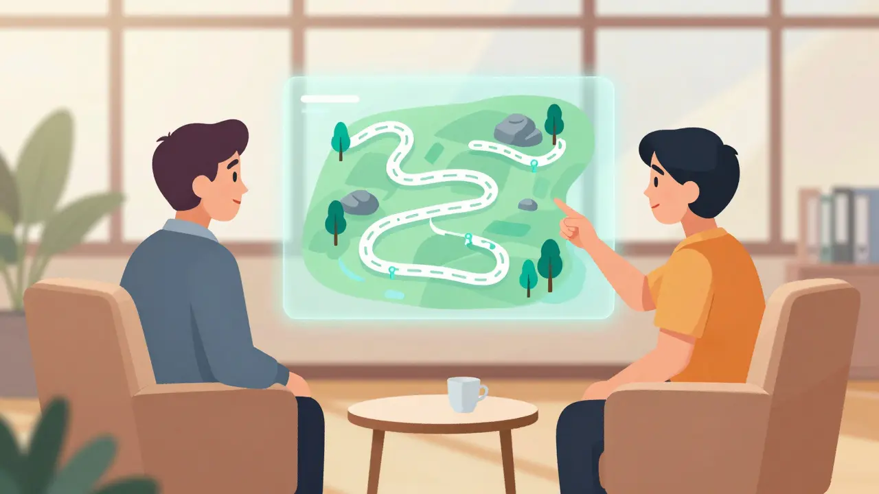 Terapeut a klient diskutují o flexibilním terapeutickém plánu zobrazeném jako mapa s odbočkami.