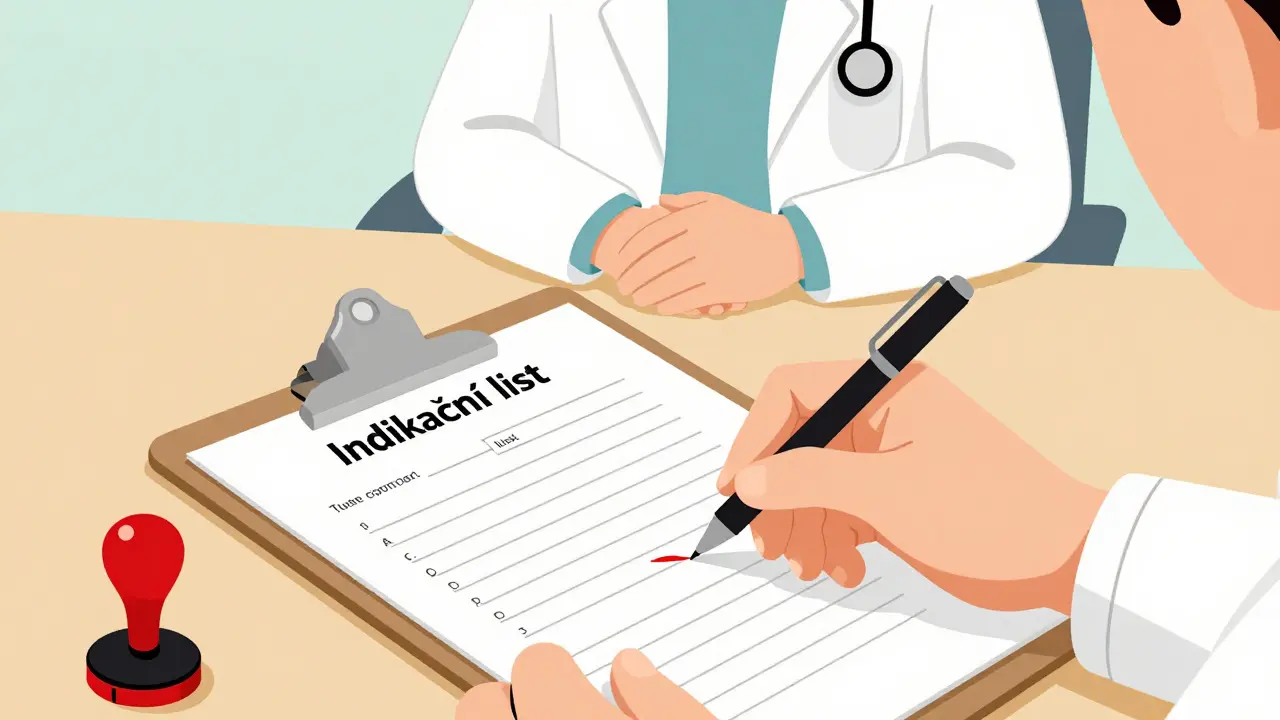 Lékař vyplňuje indikační list pro psychoterapii na stole s čistými liniemi.