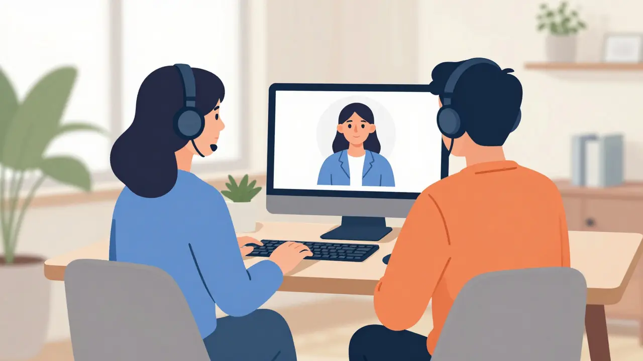 Rodina v klidném prostředí při soukromé online terapii