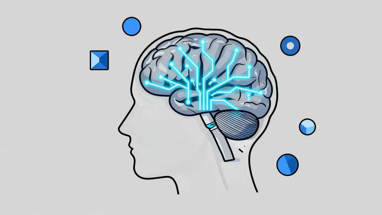 Stylizovaná ilustrace mozku s tvořícími se neuronálními spojeními symbolizující kognitivní trénink