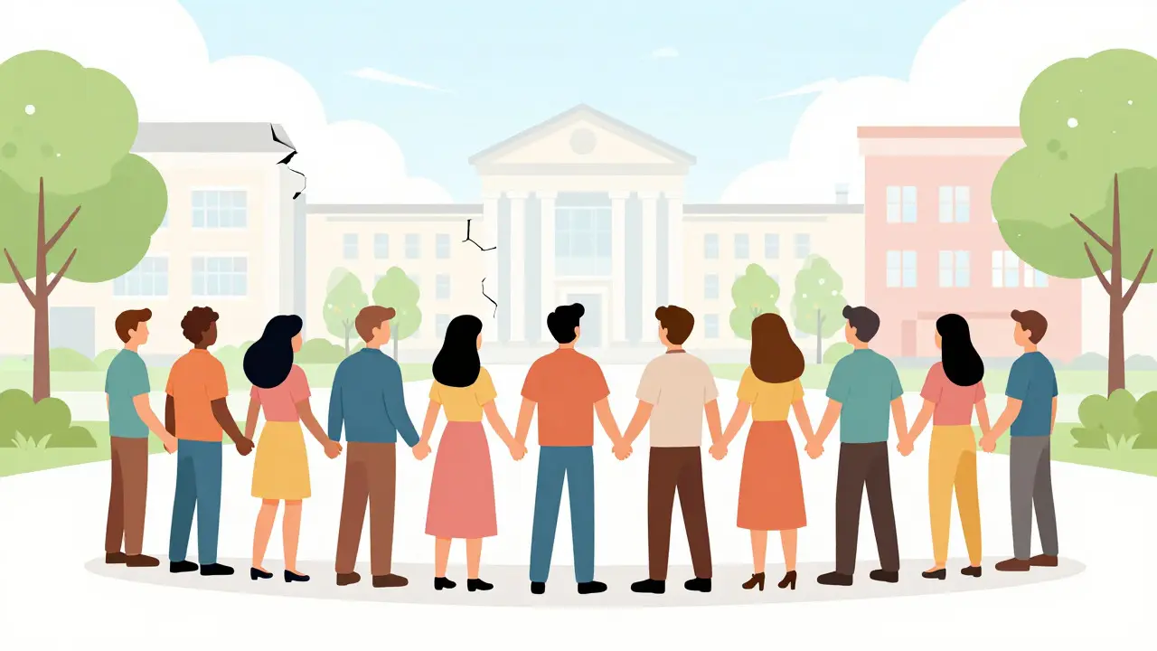Ilustrace komunity podporující se navzájem s mizejícími stěnami ústavu na pozadí