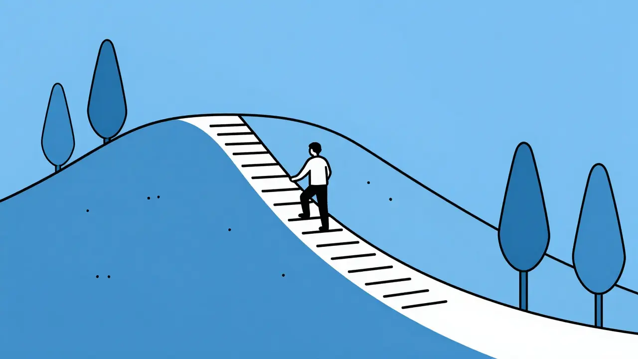 Metafora horolezectví ukazující nelineární cestu uzdravování v karikatuře