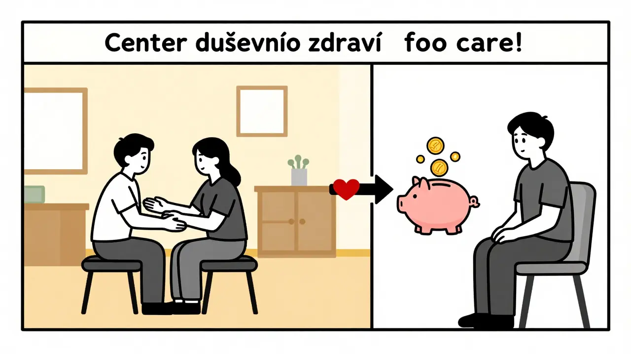 Dvojice scén: komunitní centrum a soukromá terapie spojené úsporami