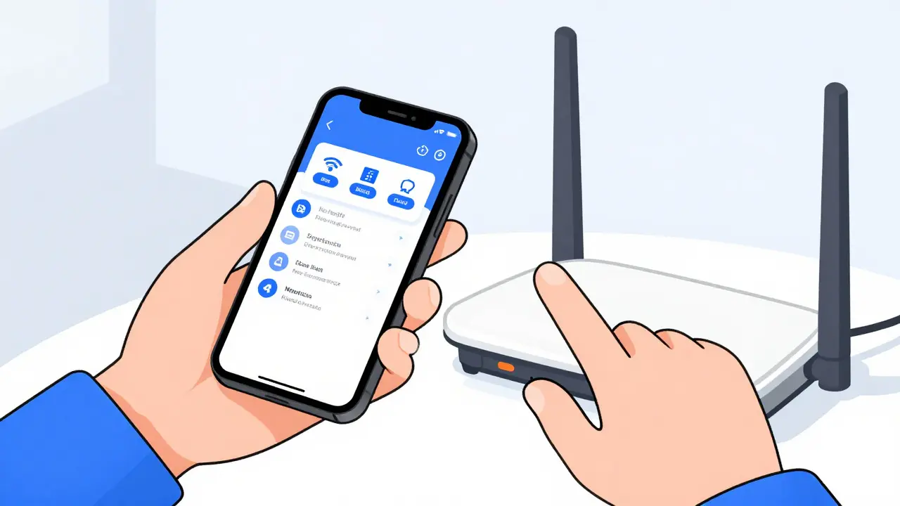 Ruce přepínají mobilní data na telefonu u routeru