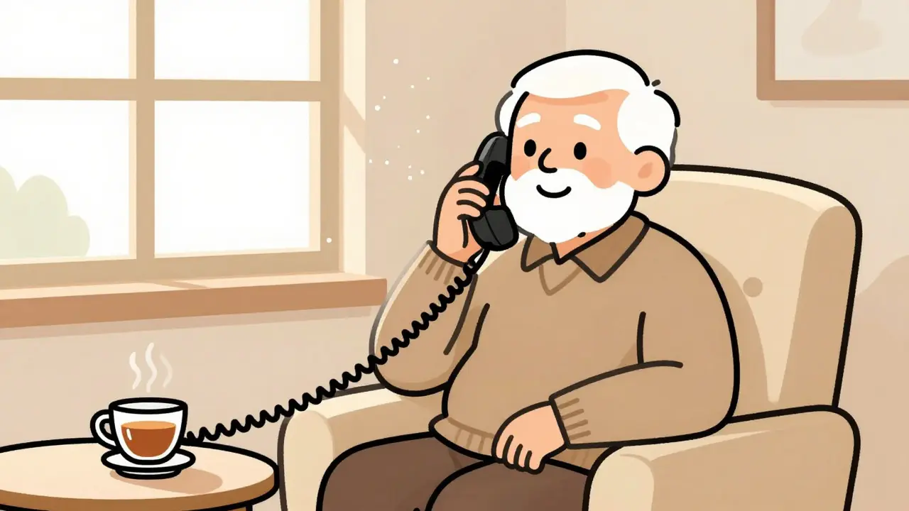 Senior na pohovce mluví na pevnou linku