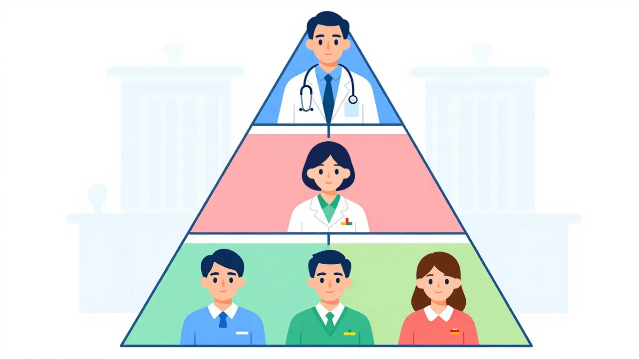 Tříúrovňový model péče zobrazený jako pyramida s odborníky