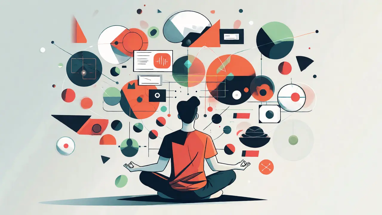 Abstraktní ilustrace osoby v meditaci obklopené symboly myšlenek a digitálních dat.