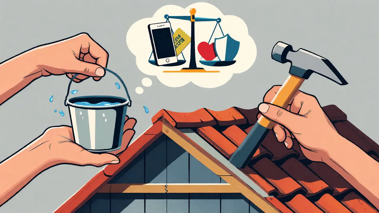Ilustrace porovnávající oprava příznaků kbelíkem versus oprava střechy.