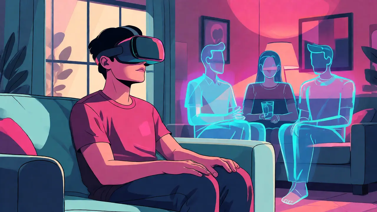Osoba používající brýle virtuální reality pro simulaci sociální situace doma.