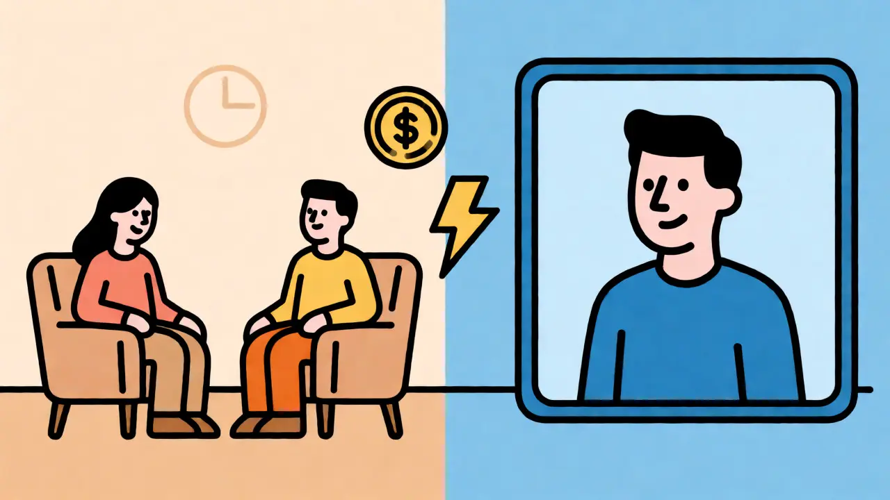 Porovnání osobní terapie v kanceláři a online terapie přes obrazovku ve stylu ilustrace.