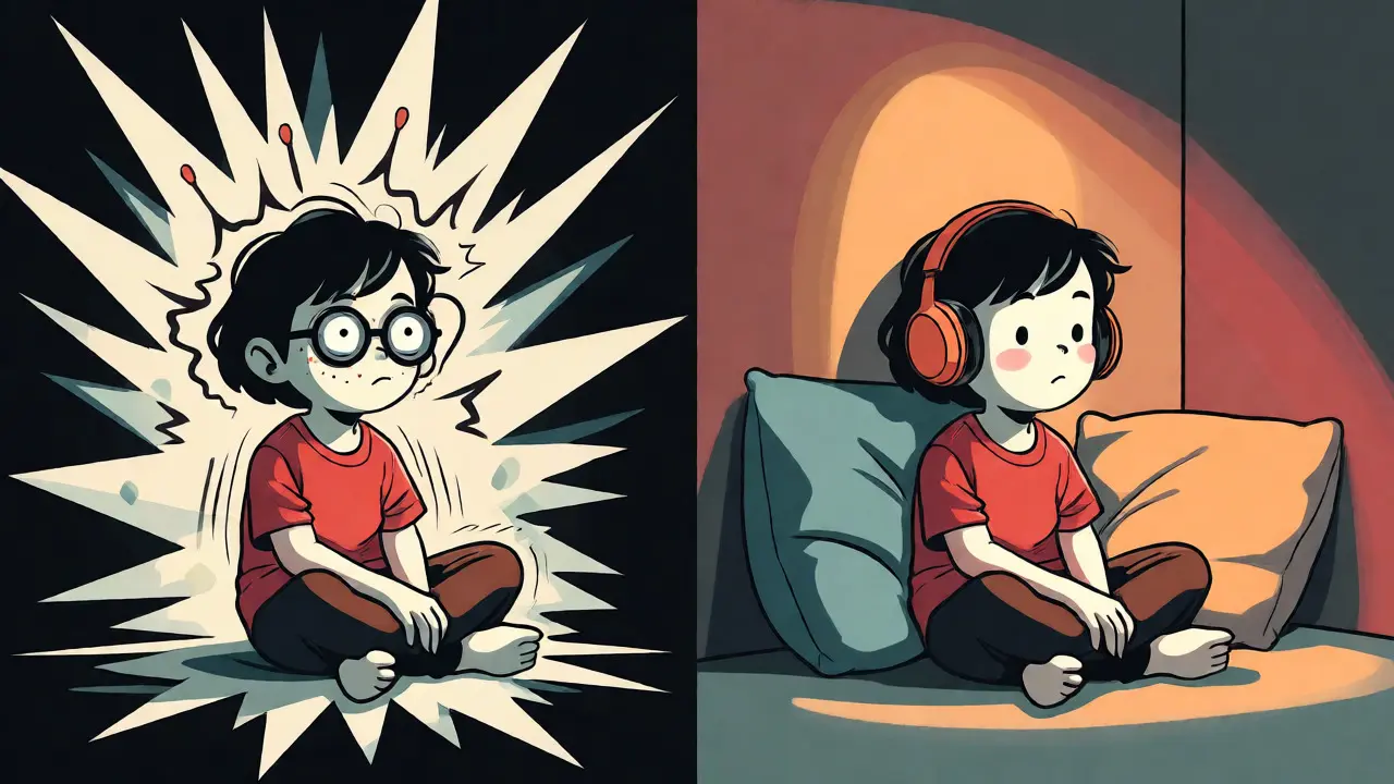 Porovnání přehlceného dítěte a klidného dítěte v tichém koutku