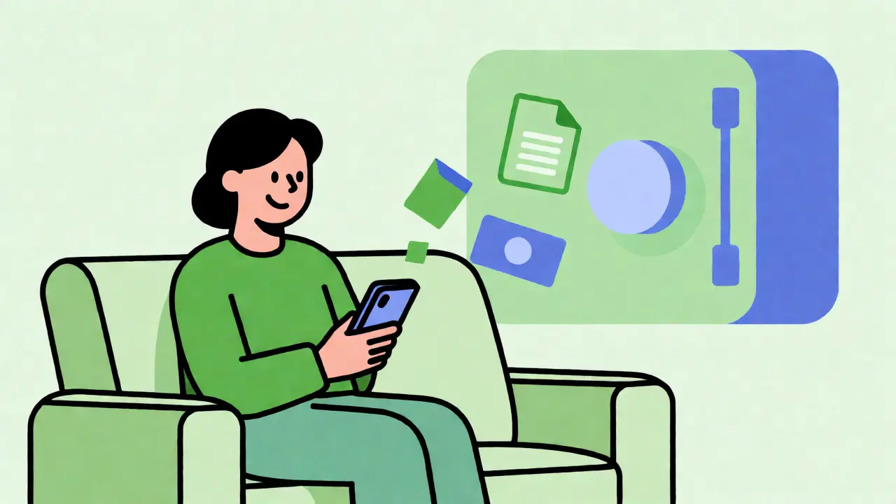 Postava podávající žádost o refundaci přes mobilní aplikaci v ilustrativním stylu