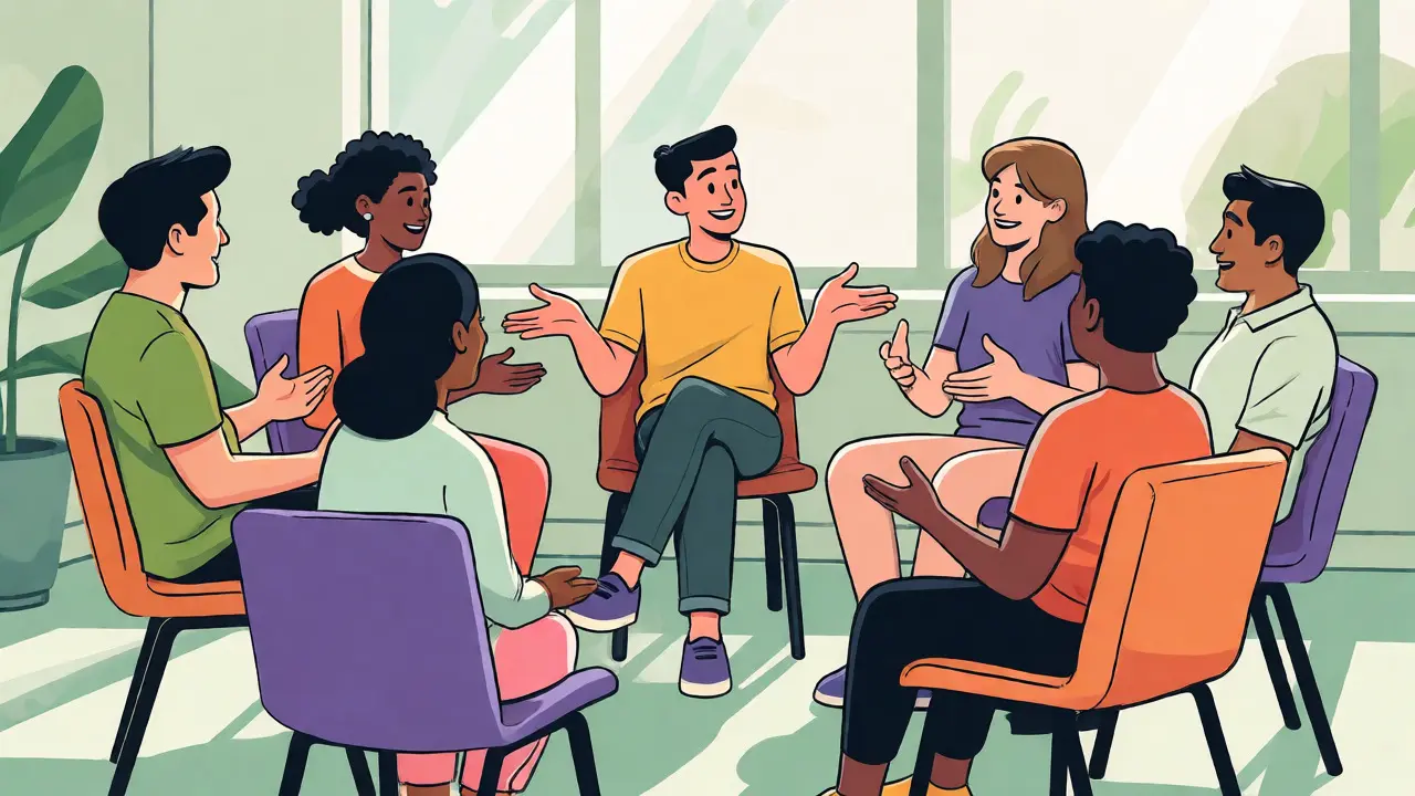 Skupinová terapie s nácvikem sociálních dovedností v kruhu účastníků.