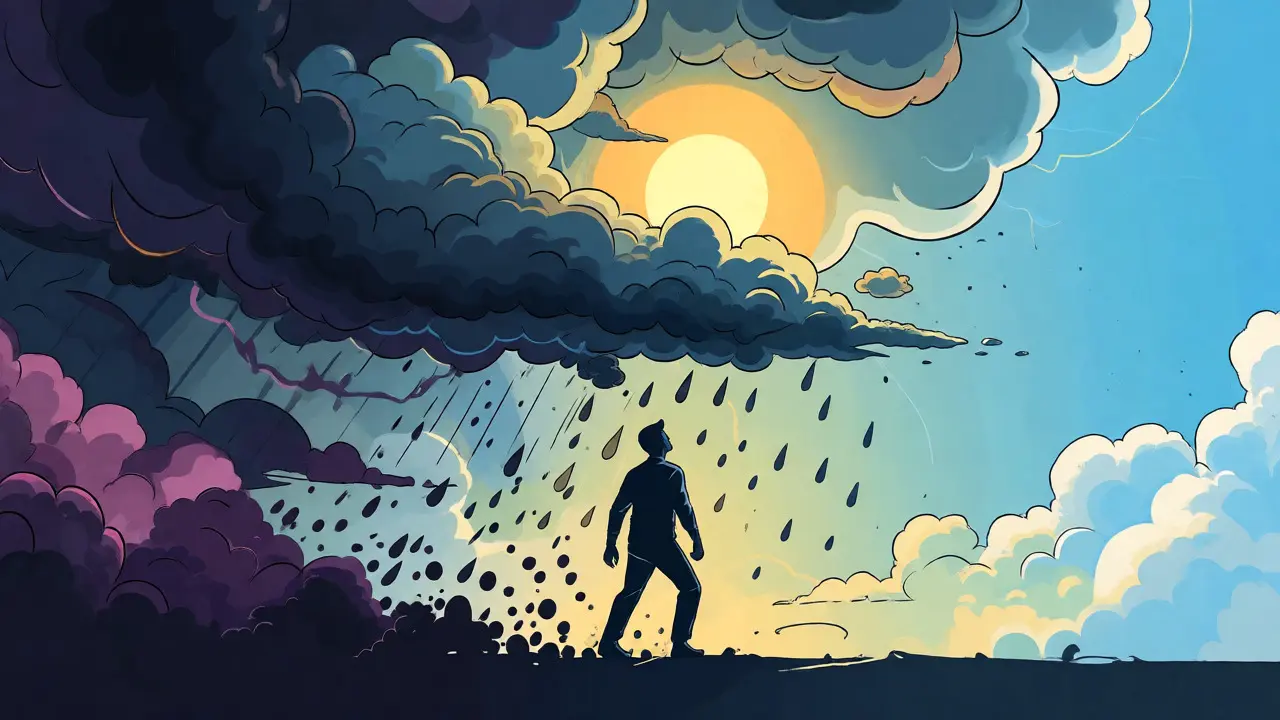 Symbolická ilustrace osoby stojící pevně na zemi pod rozptylující se bouřkovými mraky.