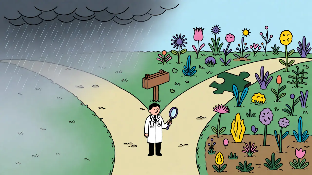 Vizuální metafora rozdílu mezi schizotypální poruchou a schizofrenií při diagnostice.