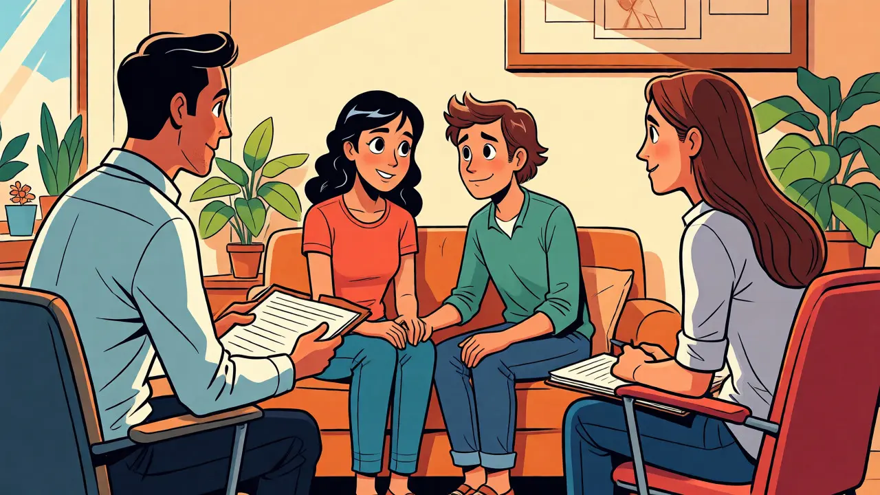 Couple in a therapy session with attentive therapists