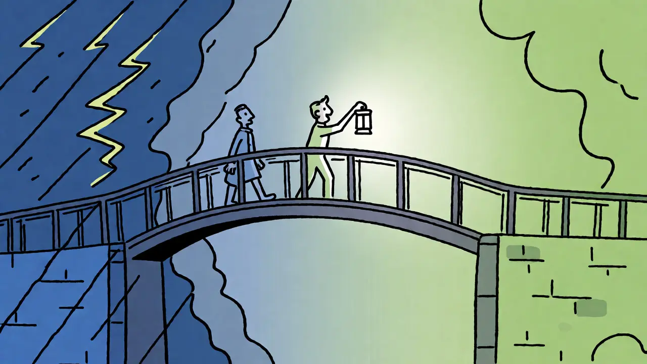 Konceptuální ilustrace mostu spojujícího zónu krize s oblastí odborné pomoci.