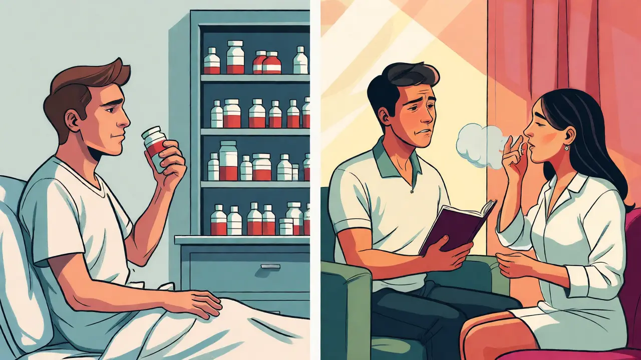 Porovnání pasivní farmakoterapie s aktivní KBT terapií ve stylu ilustrace.