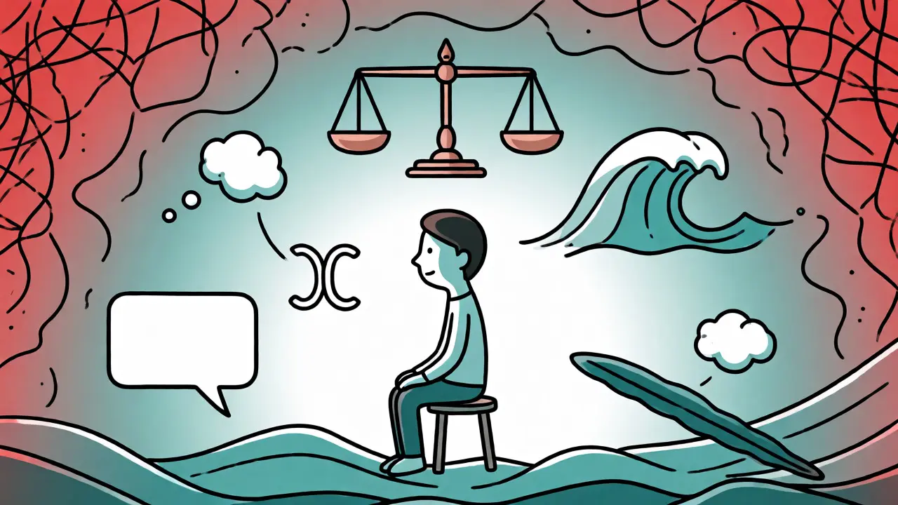 Postava cvičící dovednosti DBT a mindfulness pro regulaci emocí ve stylu ilustrace.