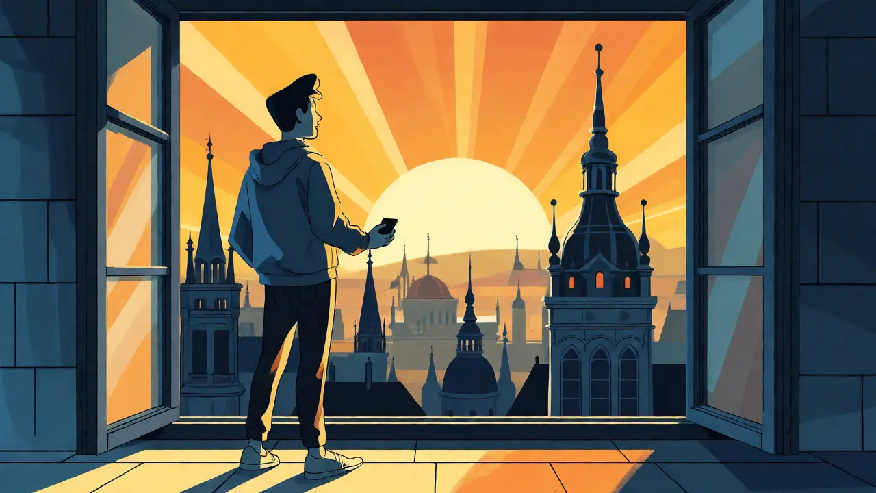 Postava stojící u okna s výhledem na Prahu po získání pomoci